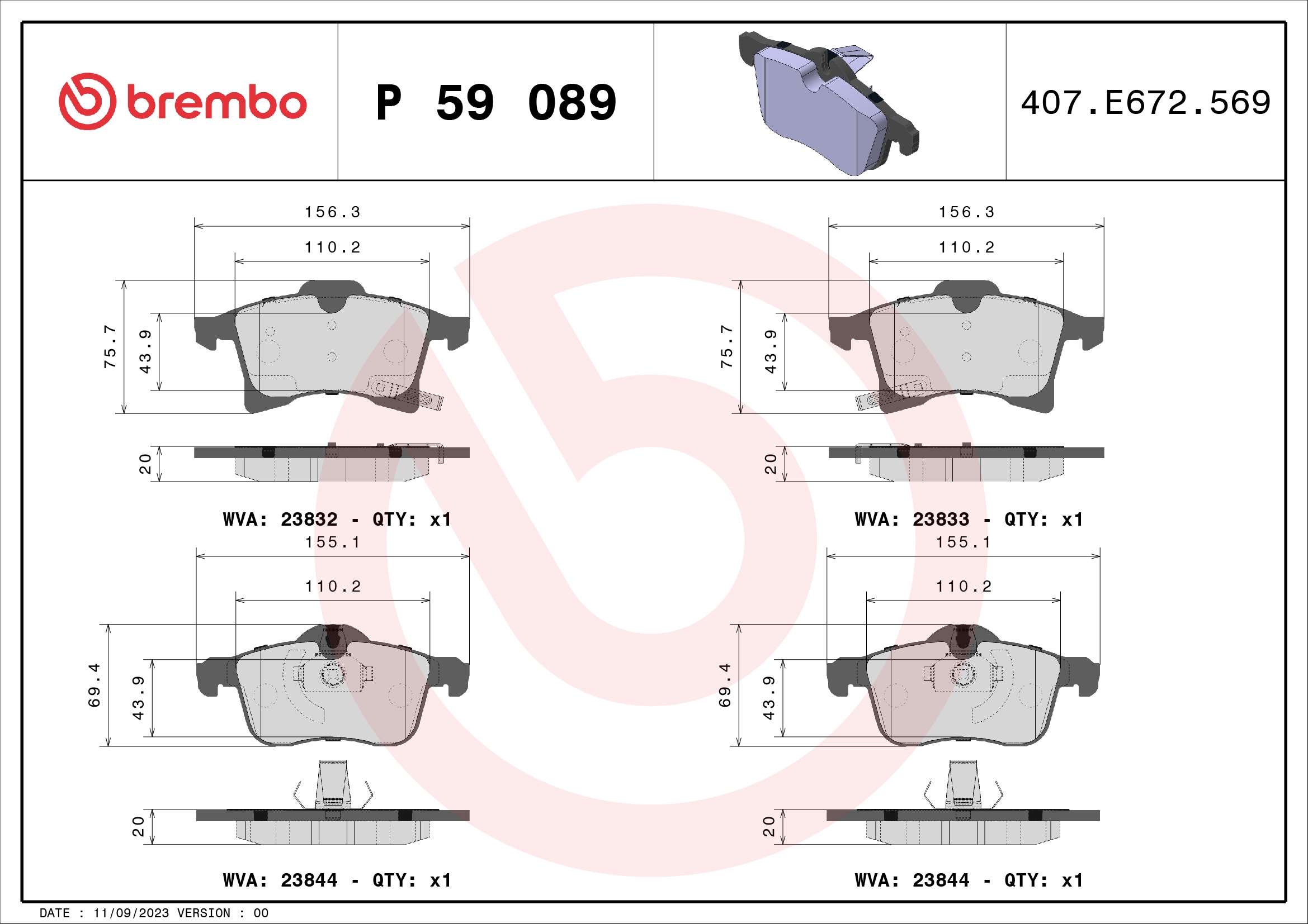 A.B.S. P 59 089 BREMBO BREMSBELÄGE, RICHTUNGSGEBUNDEN Bremsbelagsatz, Scheibenbremse